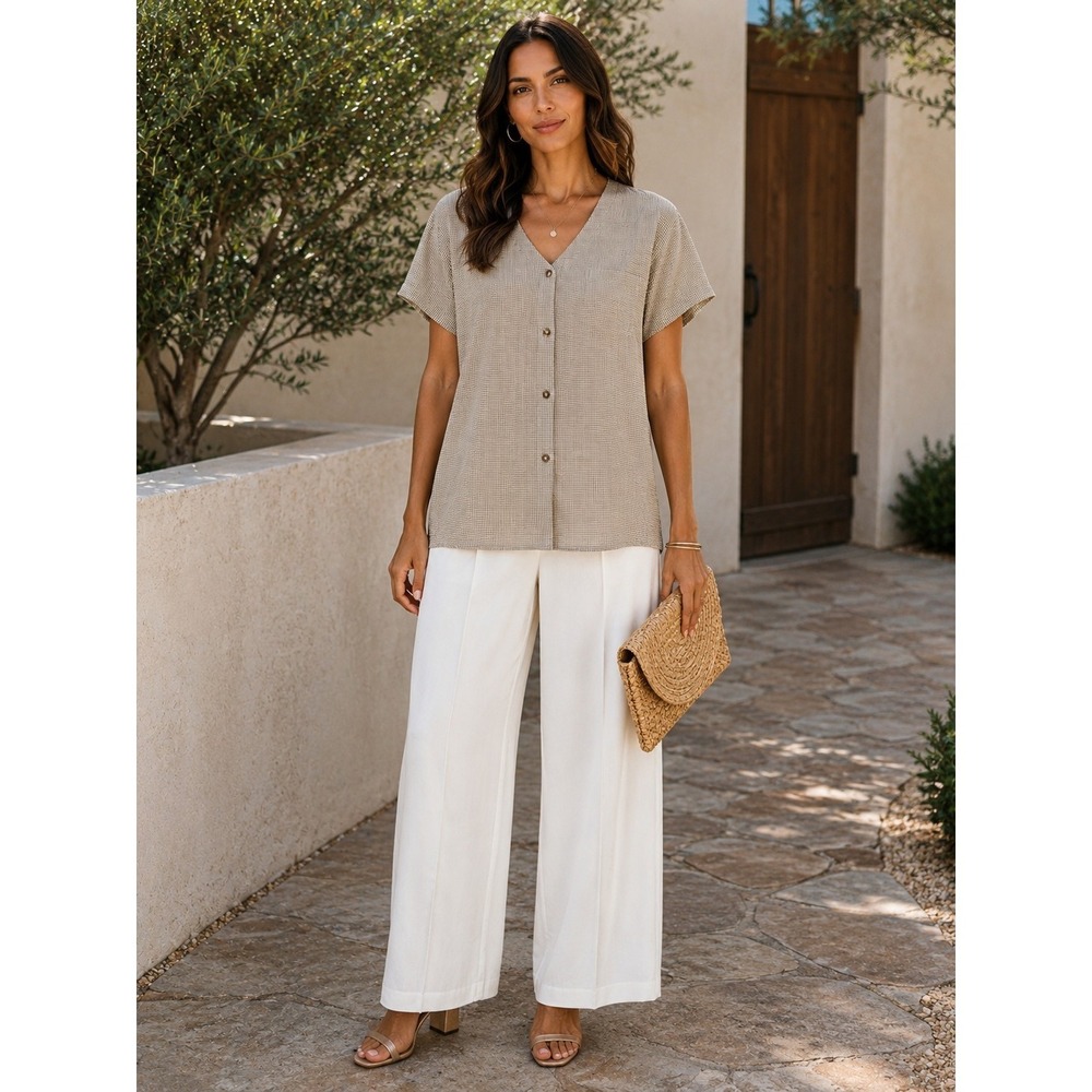 Women's Medium Brown Gingham Crinkle Blouse Made USA Button Front V Neck Coastal